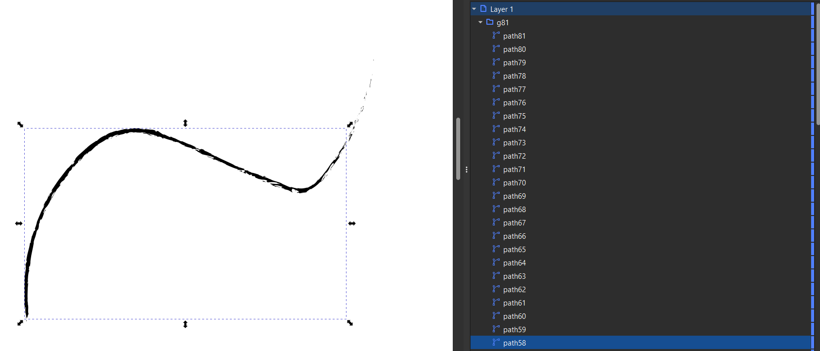 Screenshot of Inkscape showing the earlier Brush, it now consists of 81 individual path elements for all of it's texture.
